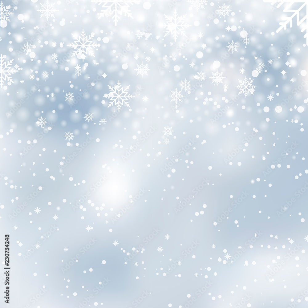 Happy New Year and Christmas greeting card falling snowflakes. Vector