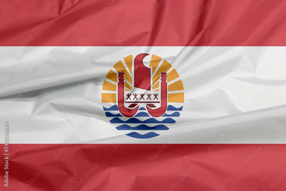 Fabric flag of French Polynesia. Crease of French Polynesia flag background. Two red horizontal and wide white; centered is a disk with Polynesian canoe rides on the wave. Fabric flag of French Polynesia. Crease of French Polynesia flag background. Two red horizontal and wide white; centered is a disk with Polynesian canoe rides on the wave.