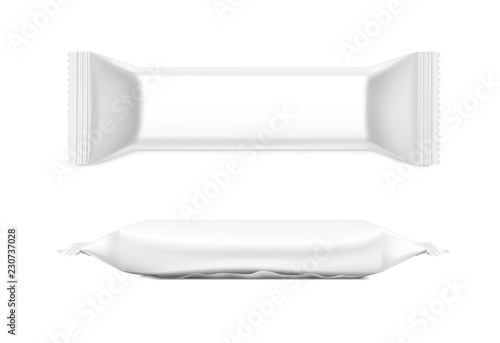 Flow pack with realistic transparent shadows on white background. Front and side view. Vector mockup ready for your design. Can be used for food, medical, cosmetic and hygiene. EPS10.