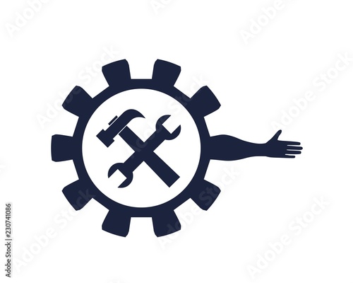 Abstract technology assistant emblem. Human arm and cog wheel with wrench and hummer silhouettes