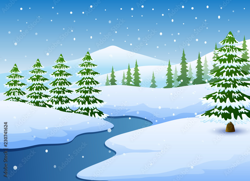 Winter landscape with frozen lake and fir trees Winter landscape with frozen lake and fir trees