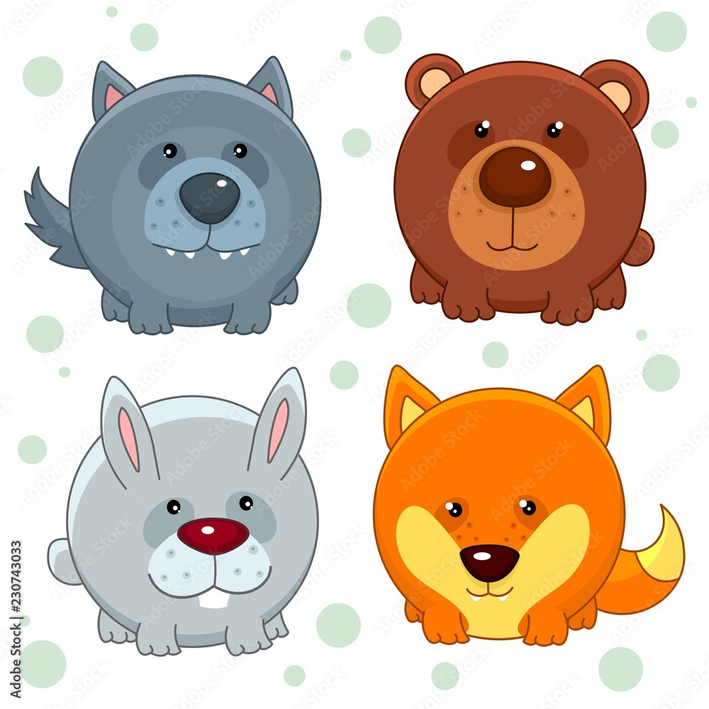 Φωτογραφία Set of beautiful round icons in the form of wild animals for children and design, wolf, bear, fox, hare or rabbit