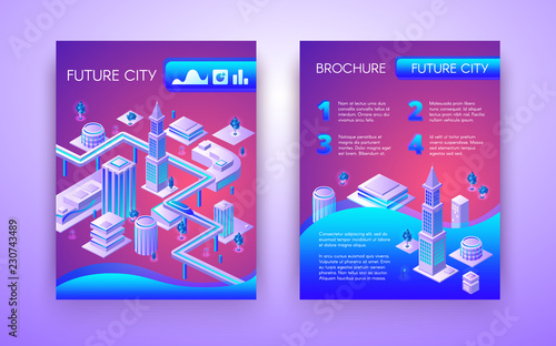 Future city conceptual brochure isometric vector template in vibrant fluorescent colors with subway train going between futuristic city buildings. City architecture, urban infrastructure presentation