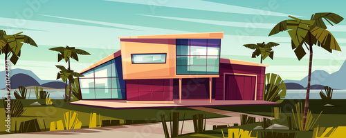Luxury villa on tropical beach cartoon vector illustration. High-class house exterior with glass facade, garage and palms on lawn. Prestige real estate property, expensive dwelling in exotic country