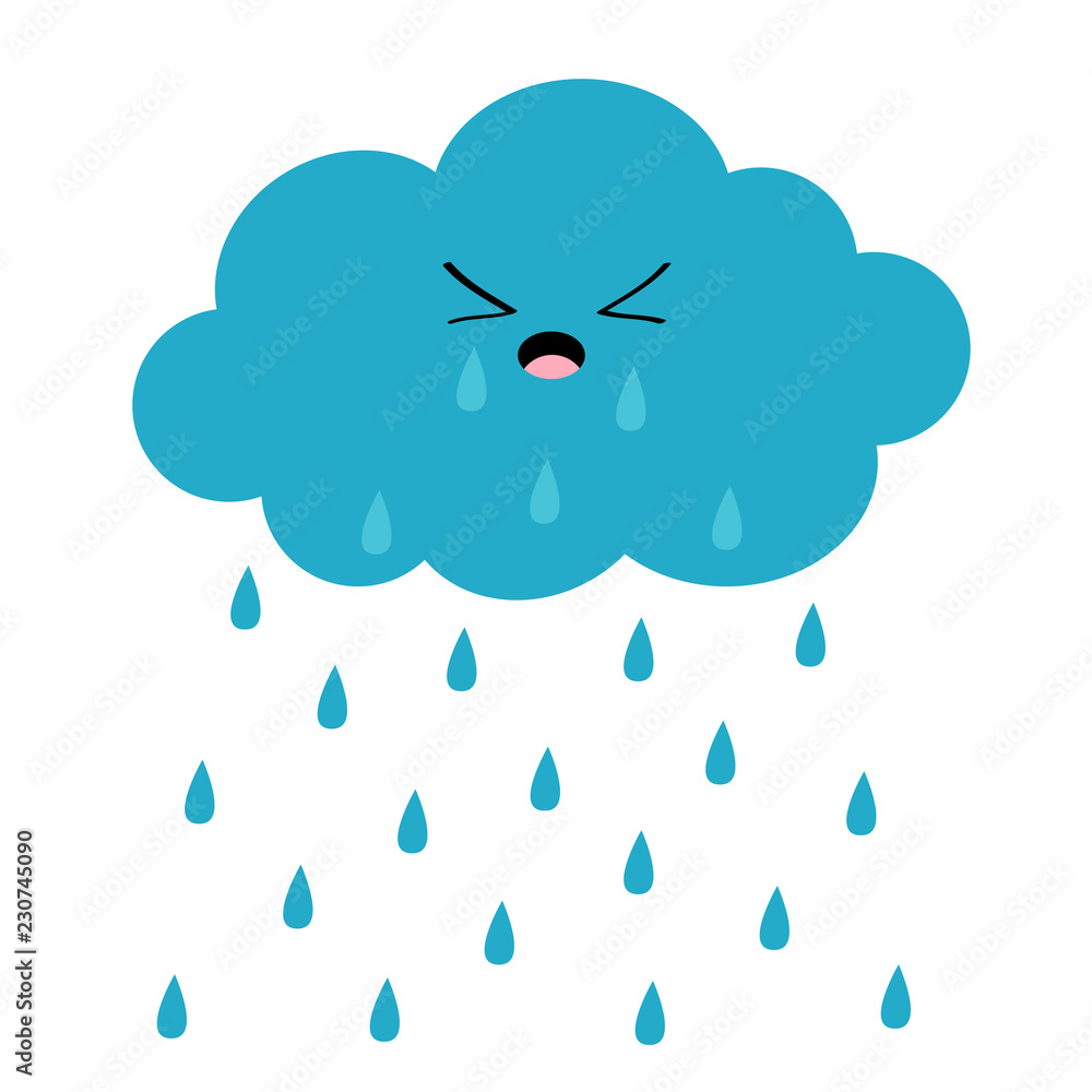 Cute cartoon kawaii crying cloud with rain drops. Sad face emotion. Eyes and mouth. Isolated. White background. Baby character collection. Funny illustration. Flat design.