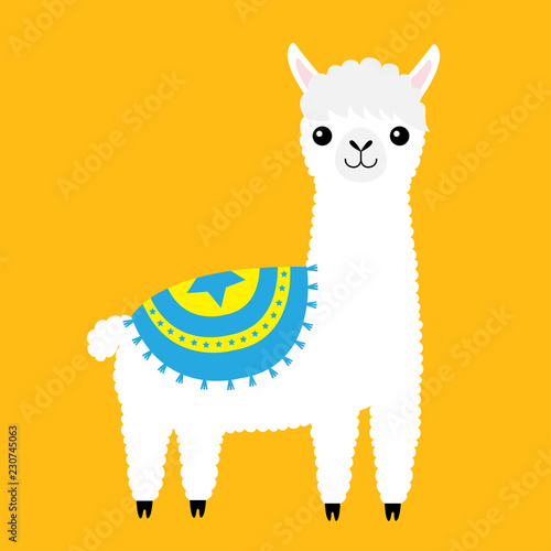Alpaca llama animal. Cute cartoon funny kawaii character. Fluffy fur. Long hair. Childish baby collection. T-shirt, greeting card, poster template print. Flat design. Yellow background.