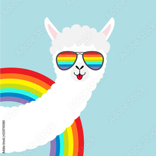 Alpaca llama animal face in rainbow glassess. Cute cartoon funny kawaii character. Fluffy hair fur. T-shirt, greeting card, poster print. Gay symbol collection. Flat design. Blue background.