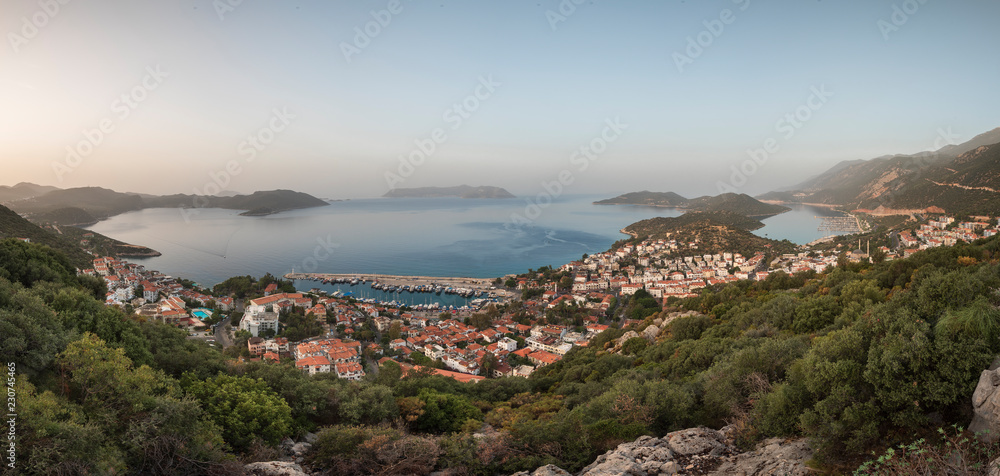 Kas town panoromic view in Turkey. Kas is small freediving, diving, yachting and tourist town in district of Antalya Province, Turkey