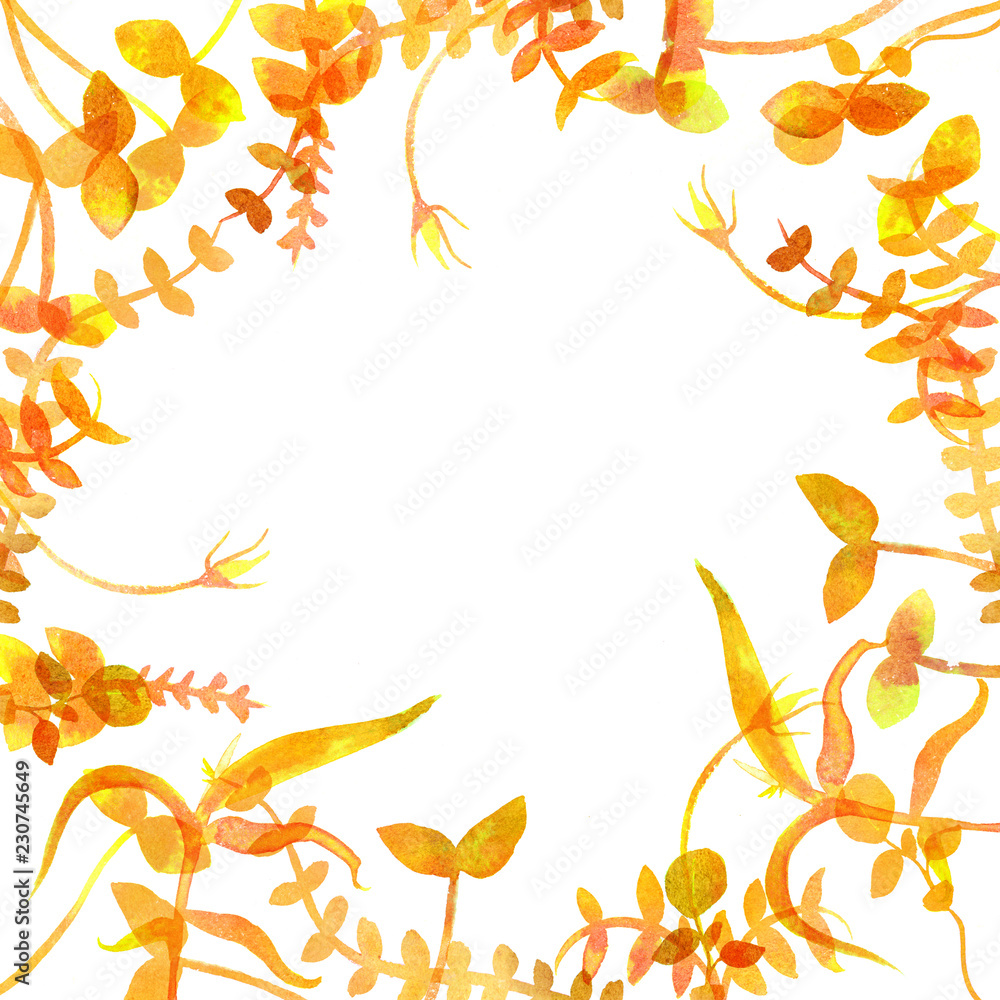 A frame with yellow autumn plants and copy space. Watercolor branches and leaves, forming a border for a fall design with a place for text A frame with yellow autumn plants and copy space. Watercolor branches and leaves, forming a border for a fall design with a place for text