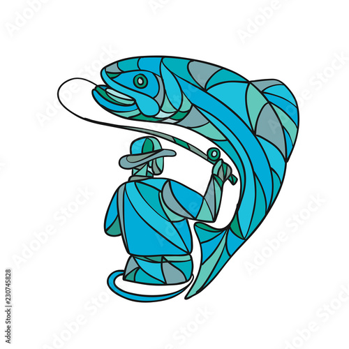 Fly Fisherman Catching Trout Mosaic Color