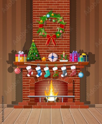 Christmas red brick classic fireplace