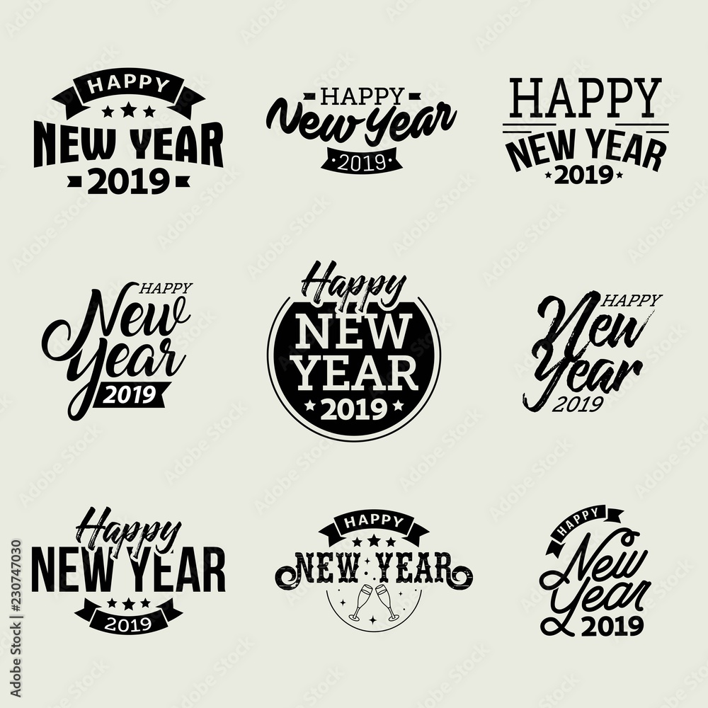 Happy New Year 2019 typographic emblems set.