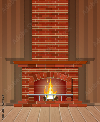 Winter interior bonfire. Fireplace made of bricks
