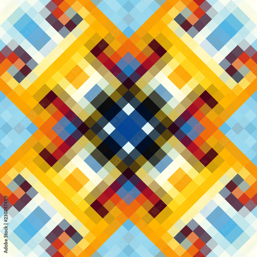 Geometric abstract symmetric pattern in pixel art style. Seamless geometric background. Vector image.
