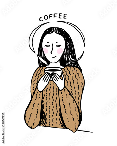Hand drawn brunette girl in sweater with cup of coffee. Doodle vector illustration isolated on white background. 