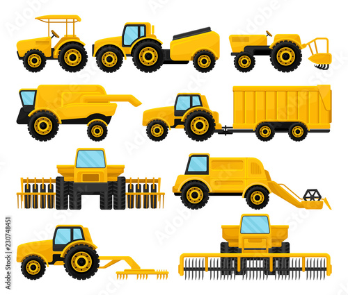 Flat vecto set of yellow agricultural machinery. Tractors and combine harvesters. Farm vehicle. Equipment for field work