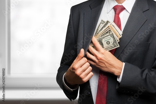 Pocketing company money.  businessman placing money into his photo