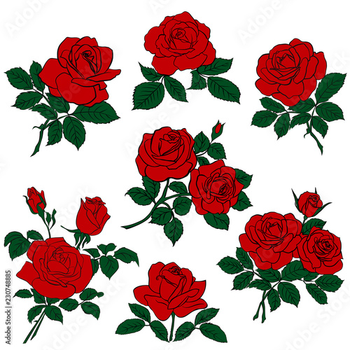Silhouettes of red roses and green leaves