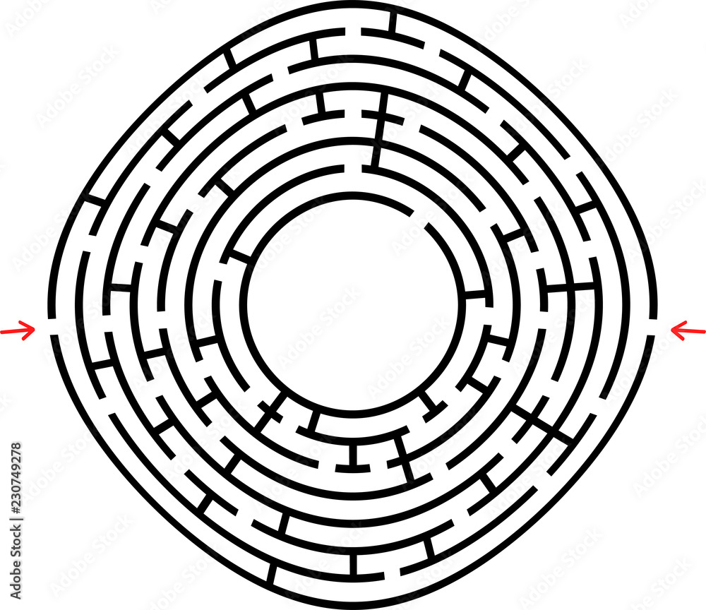 Black round maze with a place for your drawing. An interesting and useful game for children. Simple flat vector illustration isolated on white background. Black round maze with a place for your drawing. An interesting and useful game for children. Simple flat vector illustration isolated on white background.