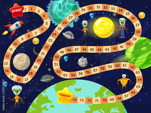 Space board game vector illustration. Rockets UFO and Aliens in space board game strategy kid cartoon design template or racing tabletop game with dice to start and finish route in space planets