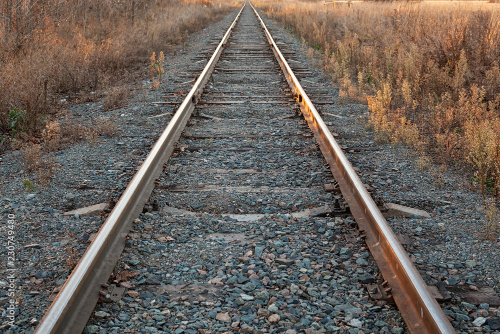 Railroad goes to horizon in sunset, around field and forest in autumn day Railroad goes to horizon in sunset, around field and forest in autumn day