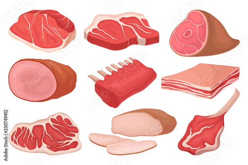 Flat vector set of fresh meat products. Food icons. Raw beef, pork, ribs of lamb, smoked ham and lard