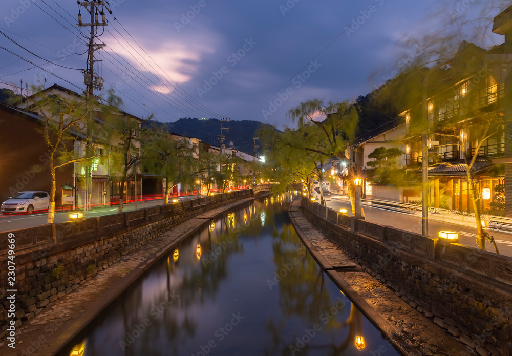 Trees at Night with Reflection on the Canal, Kinosaki onsen, Japan