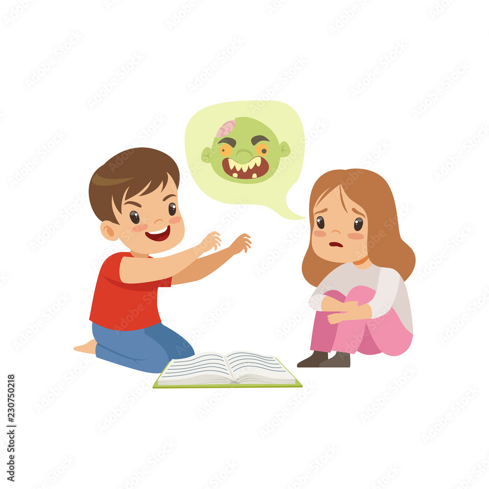Cute little boy and girl reading a scary book, kids fabulous imagination concept vector Illustration on a white background Cute little boy and girl reading a scary book, kids fabulous imagination concept vector Illustration on a white background