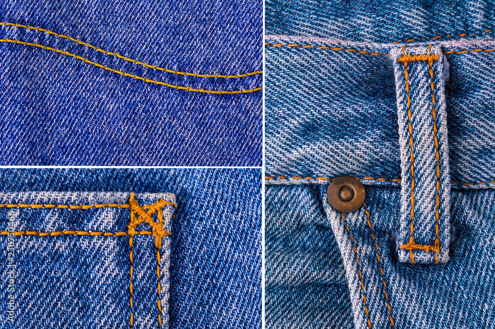 Set of blue jeans texture fragment closeup Set of blue jeans texture fragment closeup