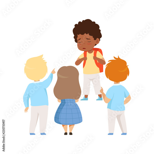 Kids mocking an african ameican boy, bad behavior, conflict between kids, mockery and bullying at school vector Illustration on a white background