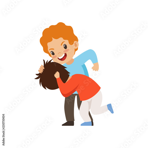 Two boys fighting, bad behavior, conflict between kids, mockery and bullying at school vector Illustration on a white background