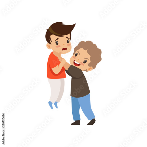 Angry boy beating another who is weaker, bad behavior, conflict between kids, mockery and bullying at school vector Illustration on a white background