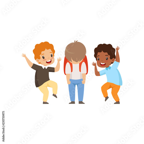 Classmates mocking sad boy, bad behavior, conflict between kids, mockery and bullying at school vector Illustration on a white background