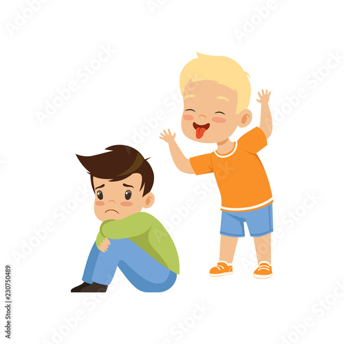 Boy mocking another, bad behavior, conflict between kids, mockery and bullying at school vector Illustration i on a white background