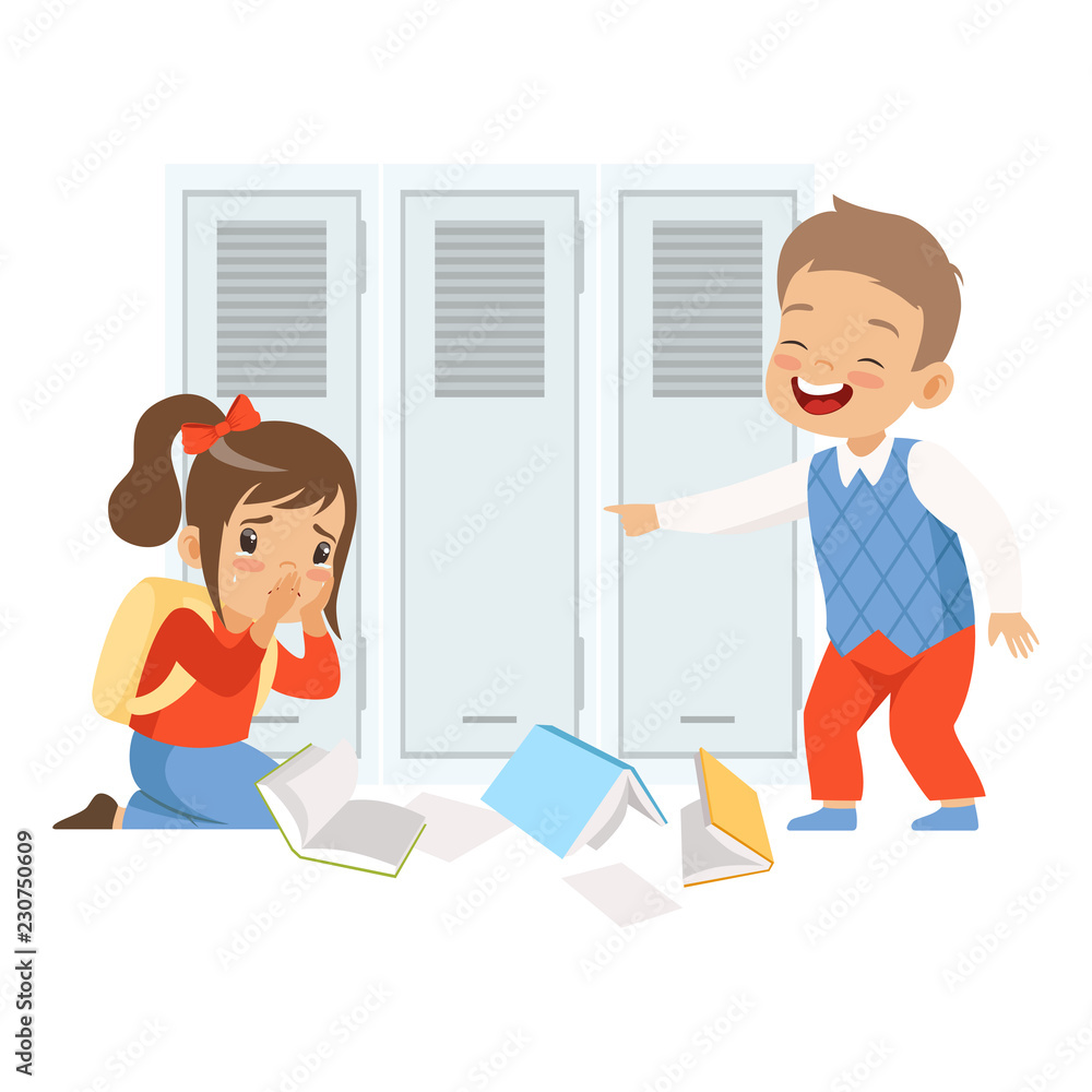 Sad girl sitting on the floor, classmate mocking and pointing her, bad behavior, conflict between kids, mockery and bullying at school vector Illustration Sad girl sitting on the floor, classmate mocking and pointing her, bad behavior, conflict between kids, mockery and bullying at school vector Illustration