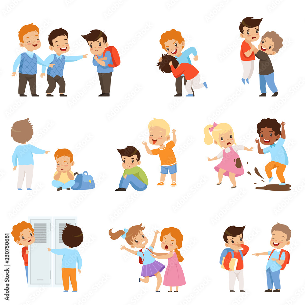 Kids bullying the weaks set, boys and girls mocking classmates, bad behavior, conflict between children, mockery and bullying at school vector Illustration