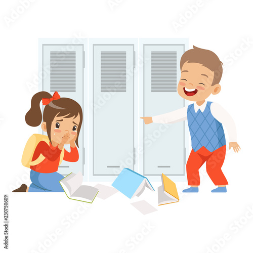 Sad girl sitting on the floor, classmate mocking and pointing her, bad behavior, conflict between kids, mockery and bullying at school vector Illustration