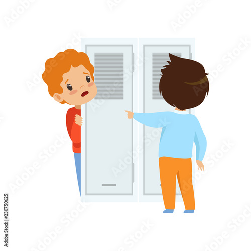 Classmate mocking a boy who hiding behind the door, bad behavior, conflict between kids, mockery and bullying at school vector Illustration on a white background
