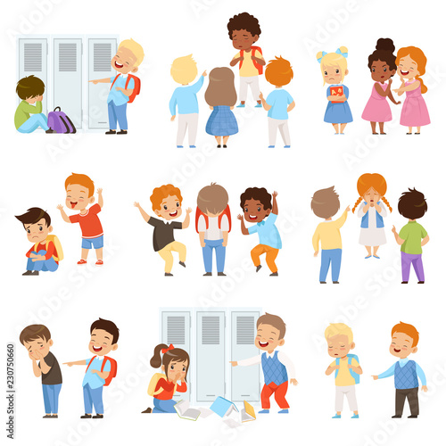 Kids bullying the weaks set, bad behavior, conflict between children, mockery and bullying at school vector Illustration