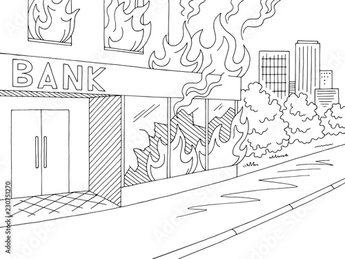 Fire in bank exterior graphic black white sketch city landscape illustration vector