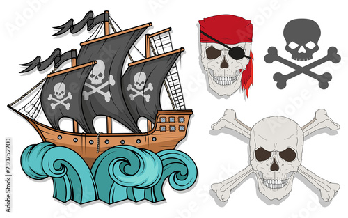 pirate ship or boat illustration, isolated on white background, cartoon sea pirate ship, sailing ship at sea, vector graphic to design