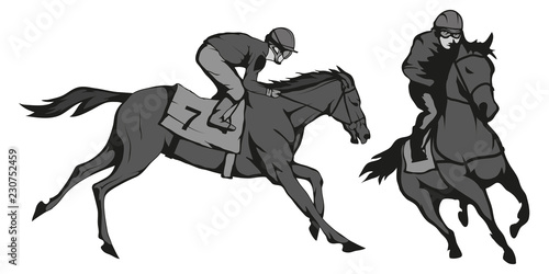 Horse racing. Jockey on racing horse running to the finish line. Race course