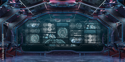 Fototapeta Naklejka Na Ścianę i Meble -  Dark spaceship interior with control panel digital screens 3D rendering