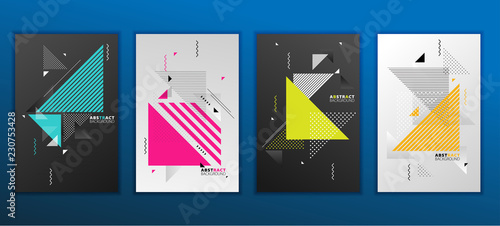 Abstract geometric composition forms modern background with decorative triangles and patterns backdrop vector illustration set