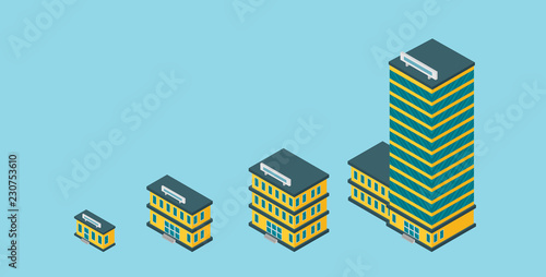  Growth of business. Buildings of company small, middle and big. Flat vector isometric