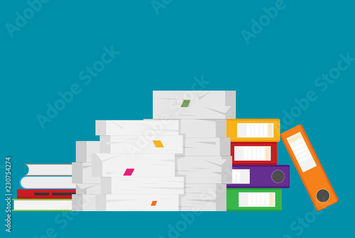 Pile of paper documents and file folders. Bureaucracy, paperwork, office. Vector illustration in flat style