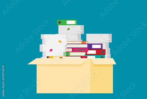 Pile of paper documents and file folders. Bureaucracy, paperwork, office. Vector illustration in flat style
