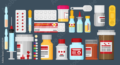 Medicine bottles collection. Bottles of drugs, tablets, capsules and sprays. Vector illustration