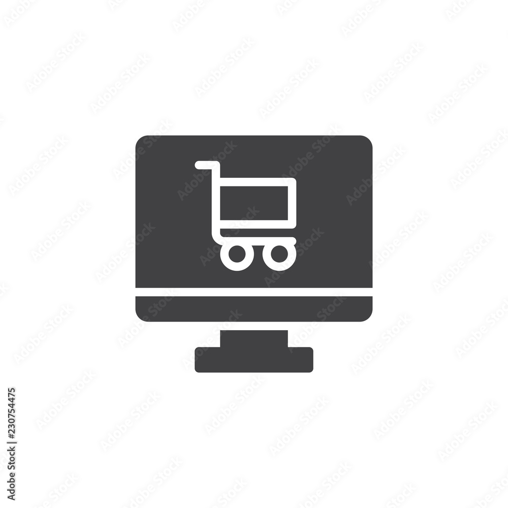 Online shop vector icon. filled flat sign for mobile concept and web design. PC monitor and shopping cart simple solid icon. Symbol, logo illustration. Pixel perfect vector graphics Online shop vector icon. filled flat sign for mobile concept and web design. PC monitor and shopping cart simple solid icon. Symbol, logo illustration. Pixel perfect vector graphics