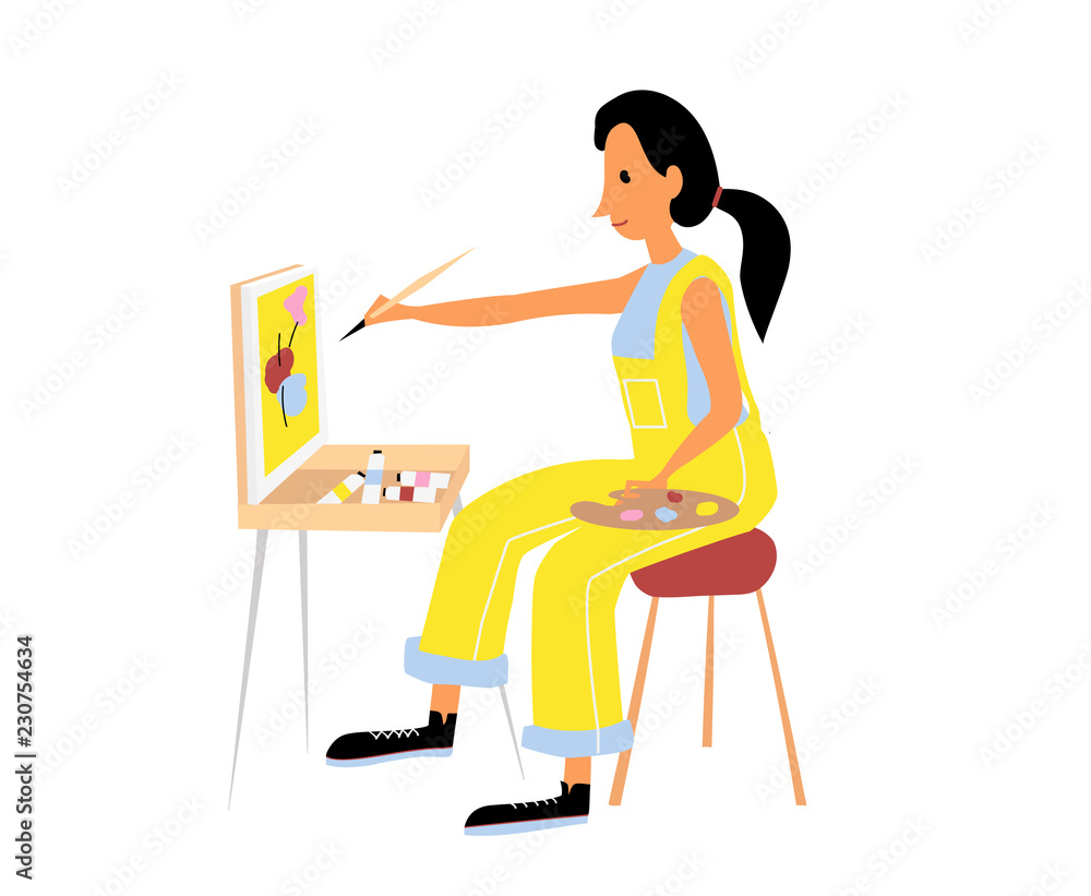 Vector flat  illustration of woman in yellow  jumpsuit  who paints a picture sitting at a painter's case. Easel and painter